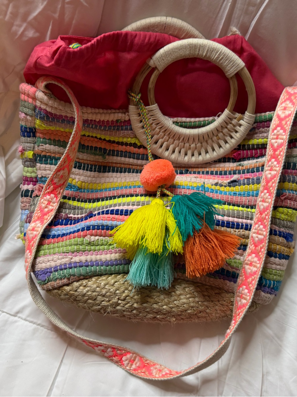 America & Beyond Multicolor Striped Woven Tote Bag with Tassel Accents